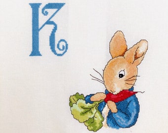 Handmade Crossstitch Peter Rabbit ABC Letter K Beatrix Potter Nursery Ready to Frame