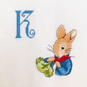 Punto de cruz hecho a mano Peter Rabbit ABC Letra K Beatrix Potter Vivero listo para enmarcar