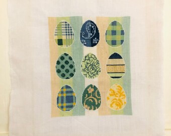 Handmade Easter Crossstitch Easter Eggs Pastel Patterns Tiny Stitches Vintage Crossstitch Blue Green Yellow Ready to Frame