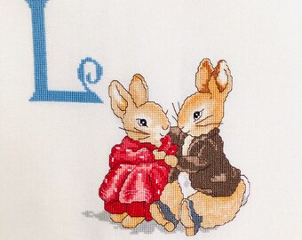 Handmade Crossstitch Peter Rabbit ABC Letter L Beatrix Potter Nursery Ready to Frame