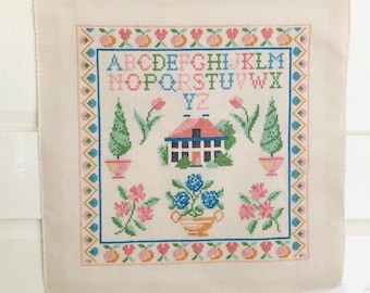 Handmade Pastel Cross Stitch Sampler Vintage Cross Stitch House Sampler Perfect Pink Ready to Frame