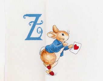 Point de croix fait main Peter Rabbit ABC lettre Z chambre de bébé Beatrix Potter prête à encadrer