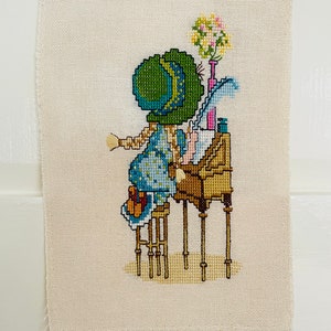 Holly Hobbie Handmade Cross Stitch Pigtail Girl at her Desk 70s Decor Baby Gift Ready to Frame