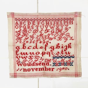Antique Sampler Dutch Sampler 1940 Handmade Crossstitch Redwork Collectors Item Vintage Needlecraft