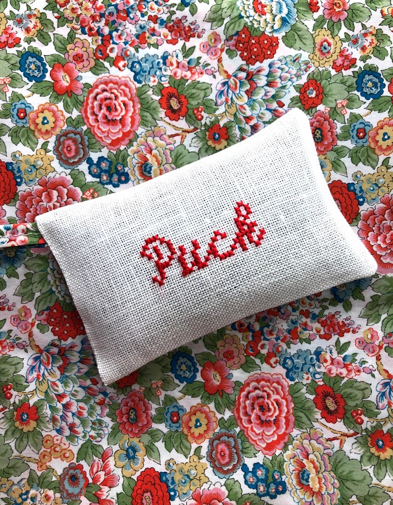 Custom Name Gift Handmade Cross Stitch Baby Gift Lavender Sachet Liberty of London Fabric Made in Holland image 2