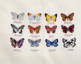 Échantillon de papillons au point de croix fait main, douze papillons, noms latins néerlandais, décoration vintage de papillons au point de croix, prête à encadrer