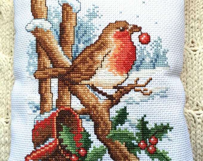 Vintage Christmas Red Robin Decor Pillow Holly Snow Holiday Decor Red