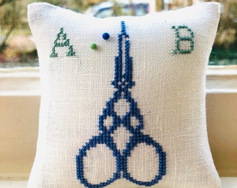 Handmade Pincushion Cross Stitch Scissors Initials Monogram Personalised Liberty Fabric