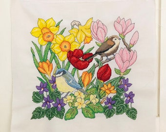Handmade Cross Stitch Spring Decor Spring Flowers Daffodils Tulips Magnolia Vintage Embroidery Ready to Frame
