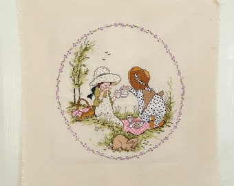 Holly Hobbie Handmade Cross Stitch  Tea Party Embroidery Ready to Frame