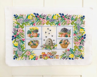 Handmade Crossstitch Honeybee Beehive Honeyjars Flower Garlands Vintage Embroidery Ready to Frame