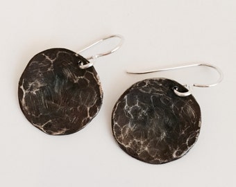 SALE! Oxidized Silver Disc Earrings, Hammered Silver Earrings, Large Silver Earrings