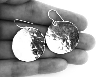 Hammered Sterling Silver Disc Earrings: Lightweight 1" Dangles