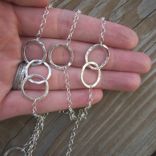 Long Silver Necklace, Hammered Silver Hoops, Argentium Silver Chain, 33"