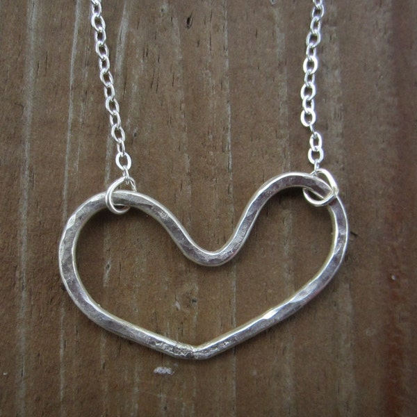 Heart Necklace, Hammered Silver Open Heart, Valentines Necklace