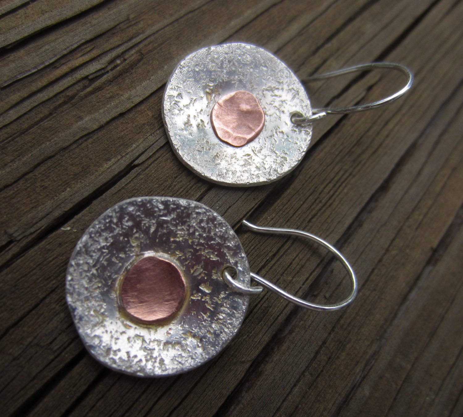 Hammered Silver Earrings With Copper Circles Mixed Metal Etsy