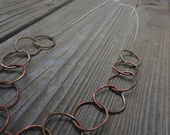 Handmade Hammered Copper Hoop Necklace - Rustic Silver Chain, 23"