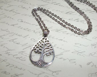 Tree of life silver drop pendant necklace