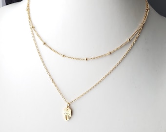 Gold chain layered necklace with Hamsa hand pendant