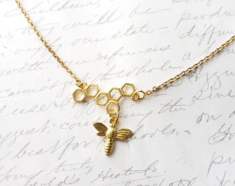 Bee and Honeycomb gold necklace