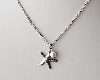 Starfish and pearl stainless steel necklace