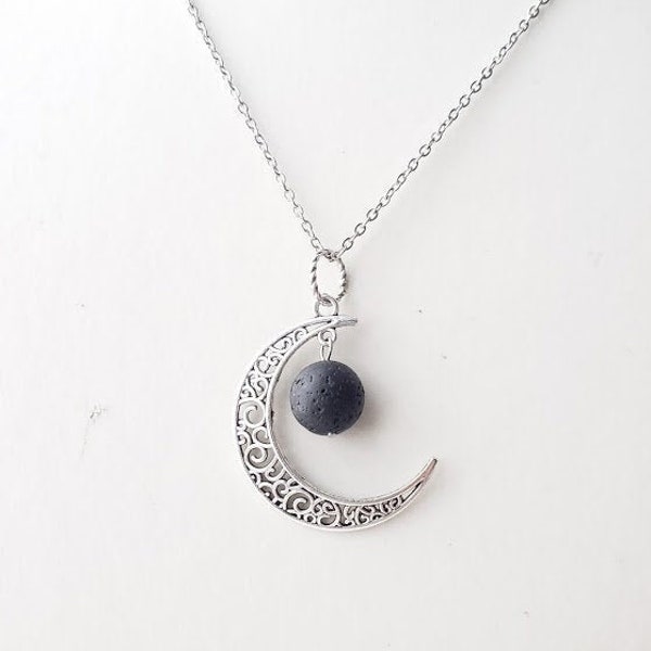 Silver filigree moon pendant necklace with lava stone - aromatherapy