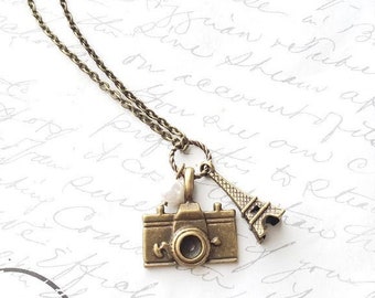 Paris tourist necklace with camera, Eiffel tower and pearl in antique brass