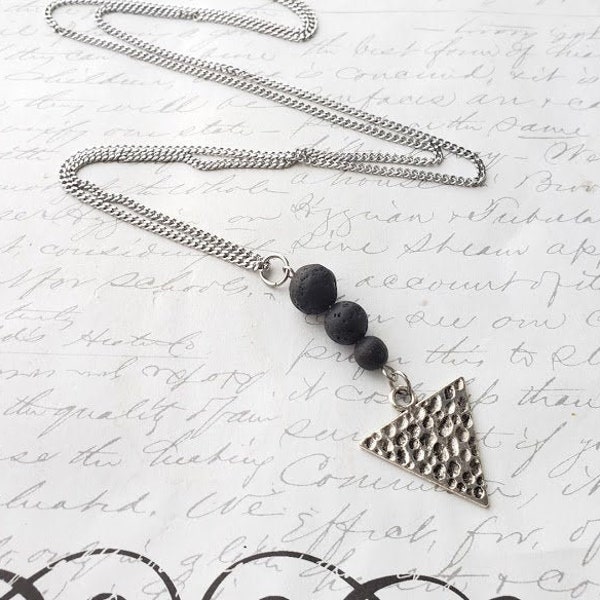 Lava stone hammered triangle pendant necklace in silver  - Essential oil diffuser