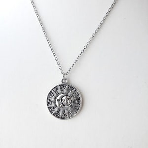 Sun and moon zodiac medallion pendant stainless steel necklace