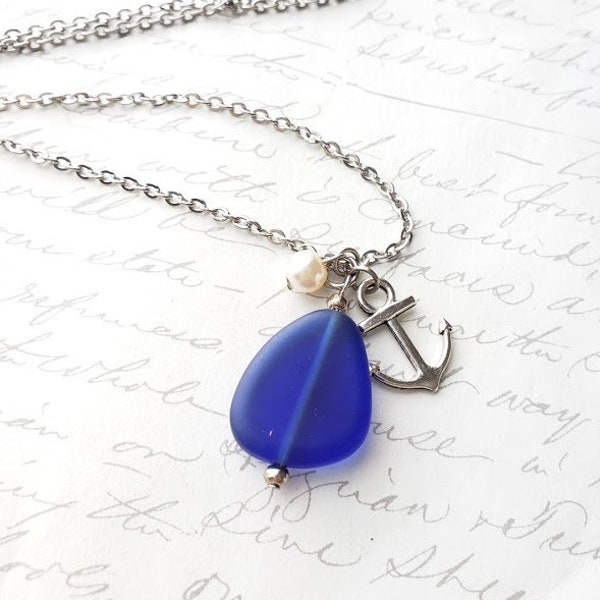 Cobalt blue seaglass necklace with anchor and pearl