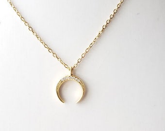 Moon pave charm / double horn gold stainless steel necklace