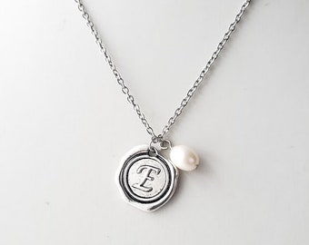 Silver Wax Seal Initial Necklace With Freshwater Pearl 