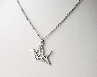 Origami paper crane bird necklace with stainless steel chain