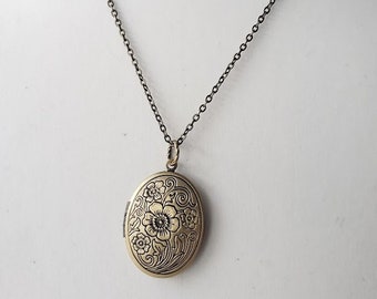 Engraved locket pendant antique brass necklace