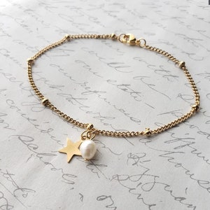 Gold star and freshwater pearl bracelet / anklet with stainless steel chain
