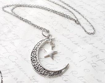 Moon and star silver necklace