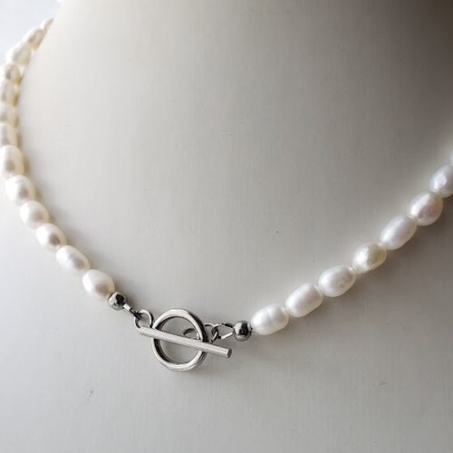 Freshwater Pearl Necklace With Toggle Clasp Silver Plated Etsy