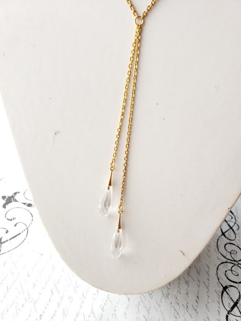 Crystal drops gold lariat long necklace