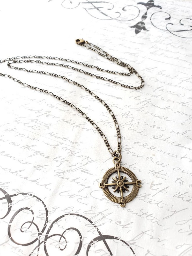 Compass pendant unisex necklace with antique brass chain