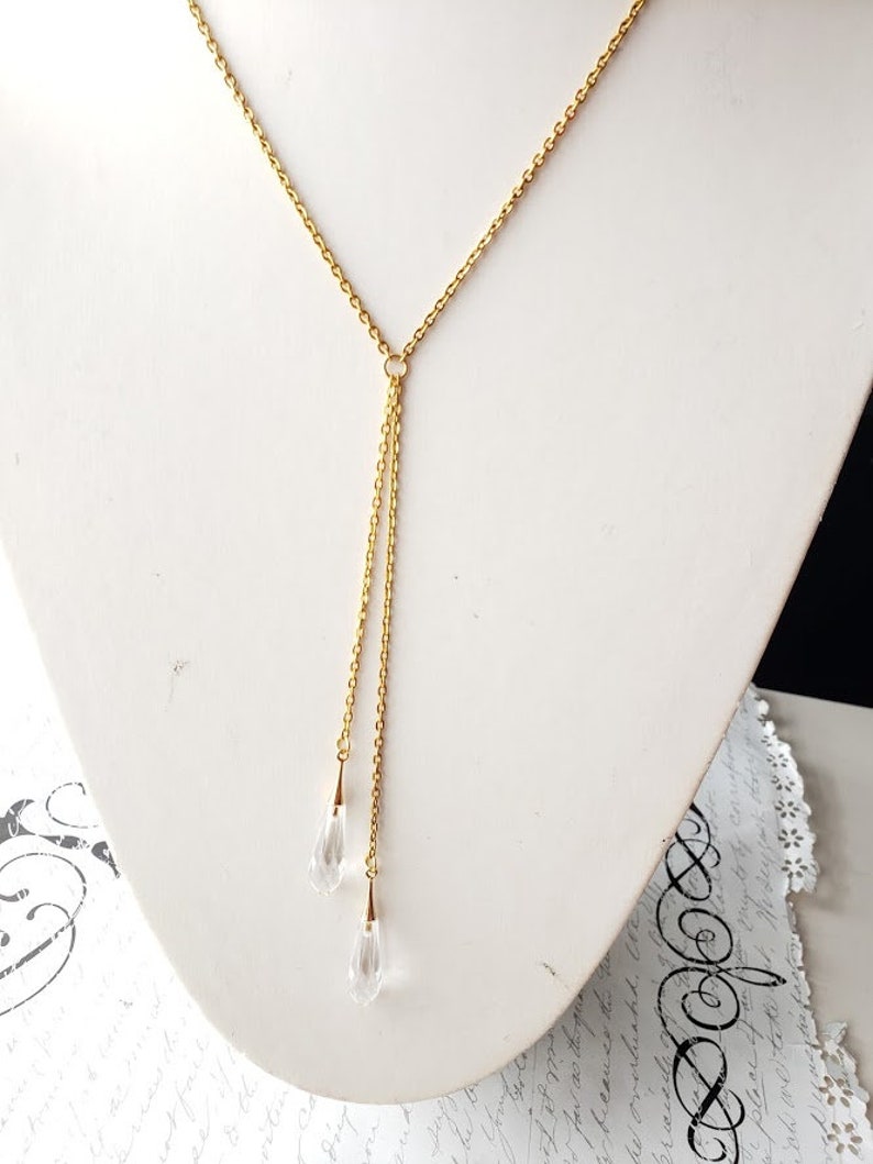 Crystal drops gold lariat long necklace