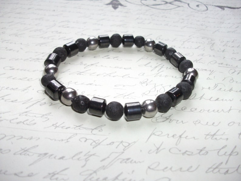 lava rocks and stainless steel beads Mala bracelet in hematite