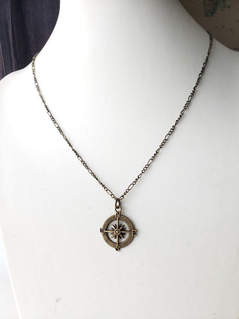 Compass pendant unisex necklace with antique brass chain