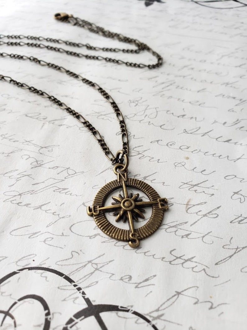 Compass pendant unisex necklace with antique brass chain