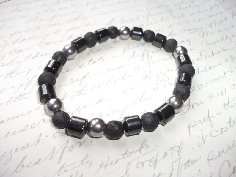 lava rocks and stainless steel beads Mala bracelet in hematite