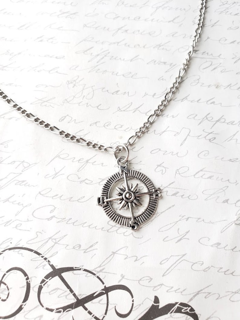 Compass pendant unisex necklace with antique brass chain