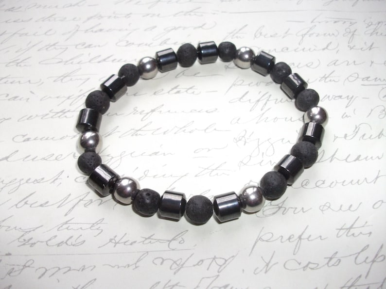 lava rocks and stainless steel beads Mala bracelet in hematite
