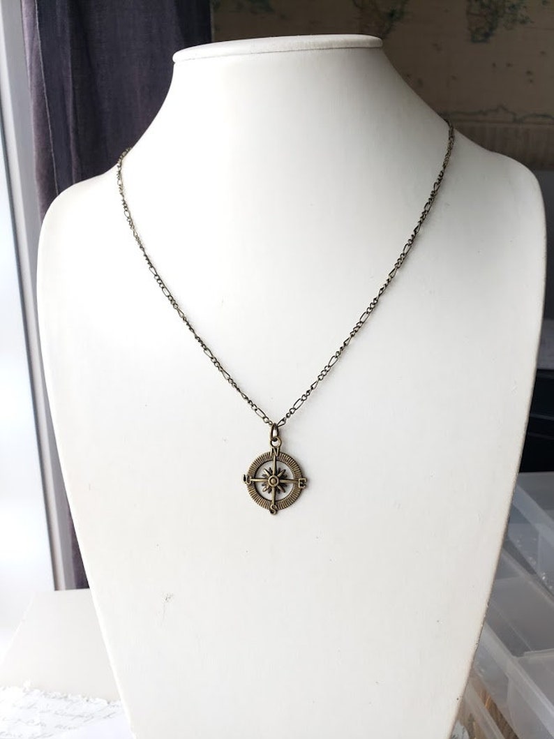 Compass pendant unisex necklace with antique brass chain