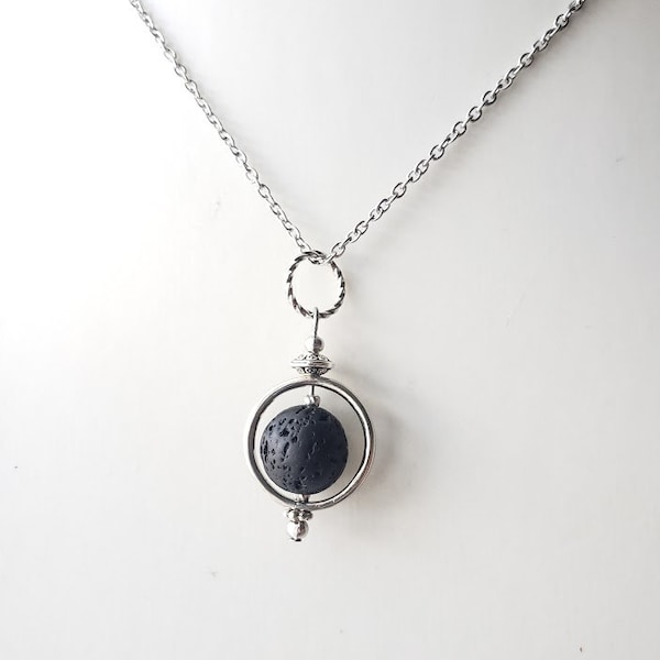 Lava stone pendant necklace in silver  - Essential oil diffuser