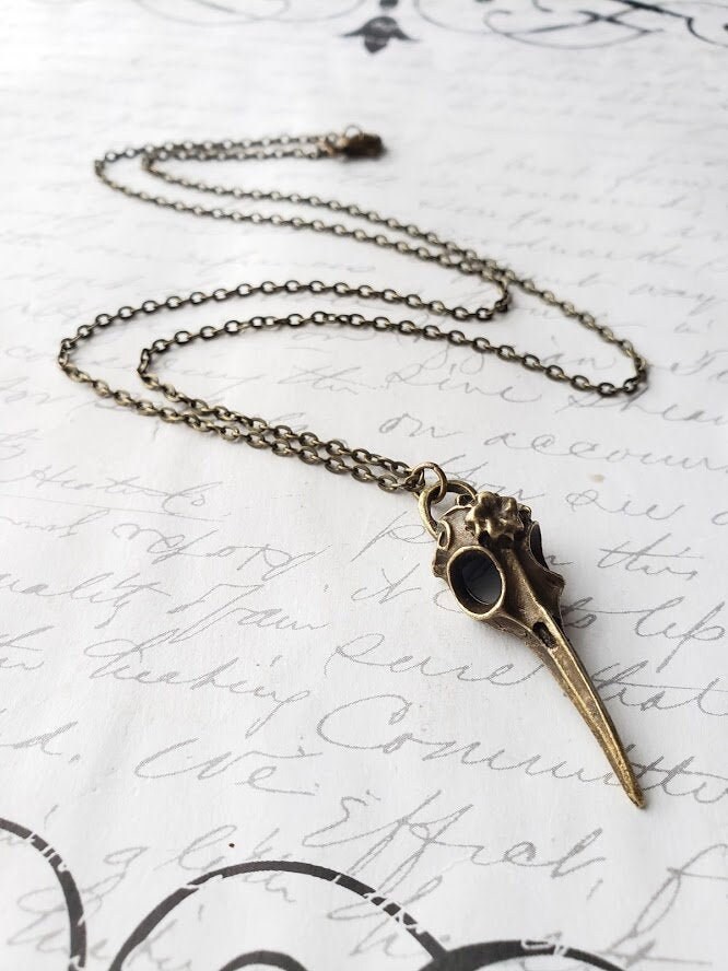 Bird skull raven head men's antique brass chain necklace