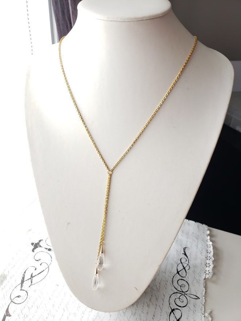 Crystal drops gold lariat long necklace